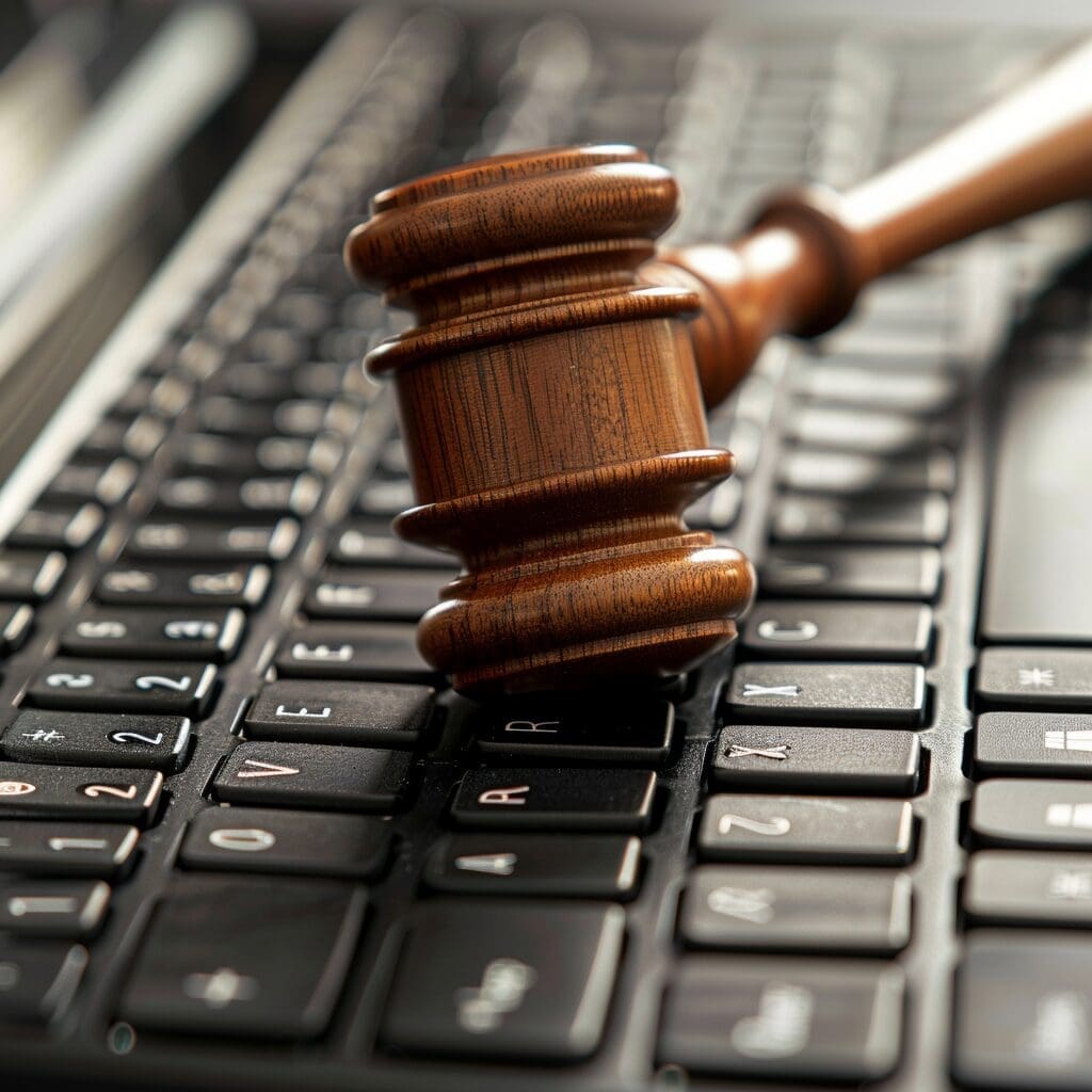 Laws regarding cyber crimes. gavel in a laptop keyboard