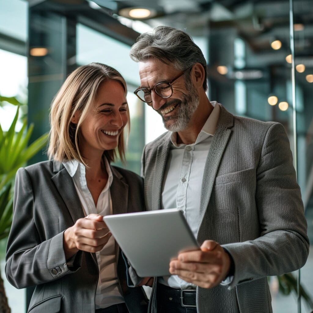 Two happy people looking at the digital markets act