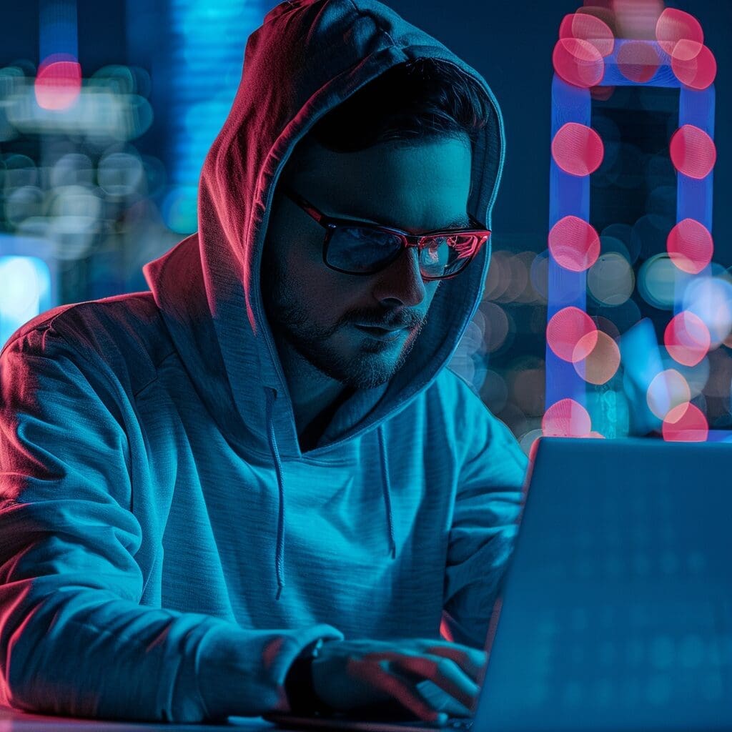Young hacker with laptop in office