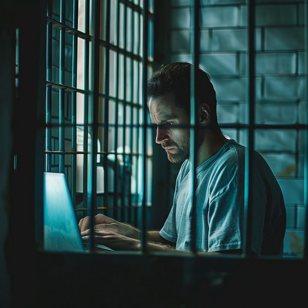 a man in a cell doing coding on a laptop