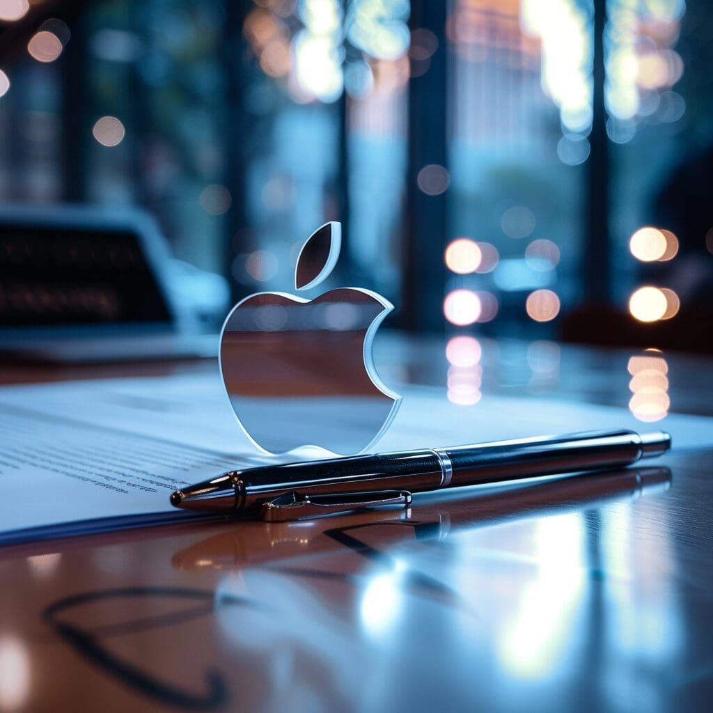 apple logo with a blurred contract in the background