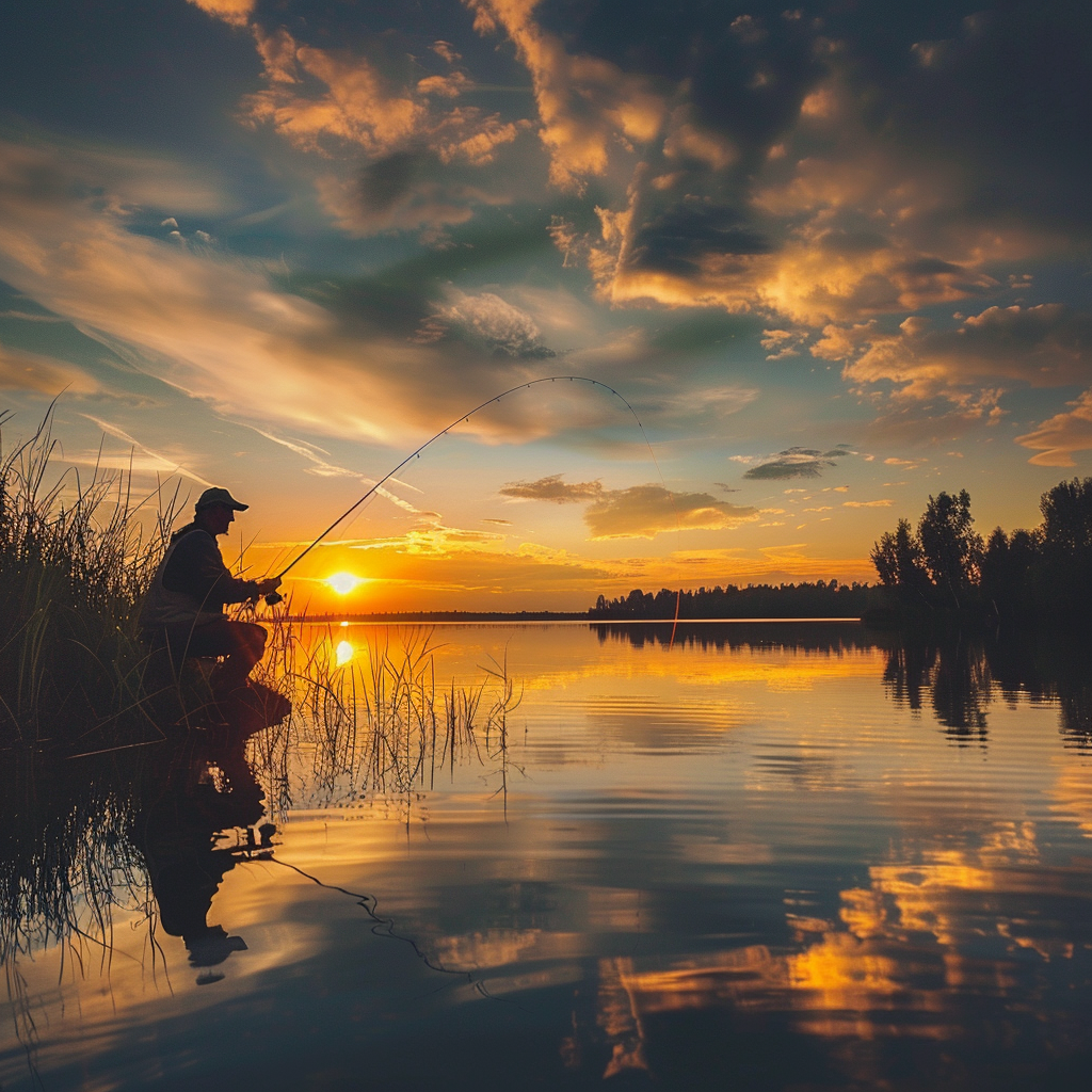 Fishing on the lake at sunset.