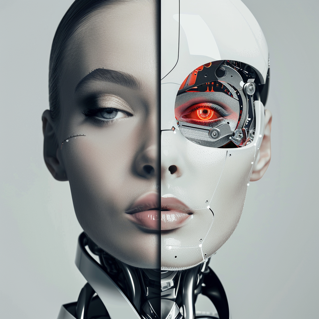 A woman face is split in half, with one half being a robot