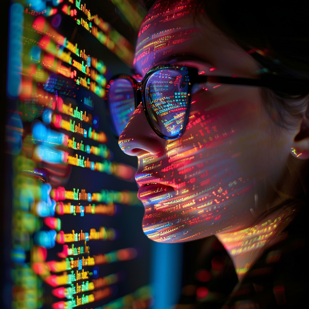 Women in glasses reading html scripts, programming and cyber security research