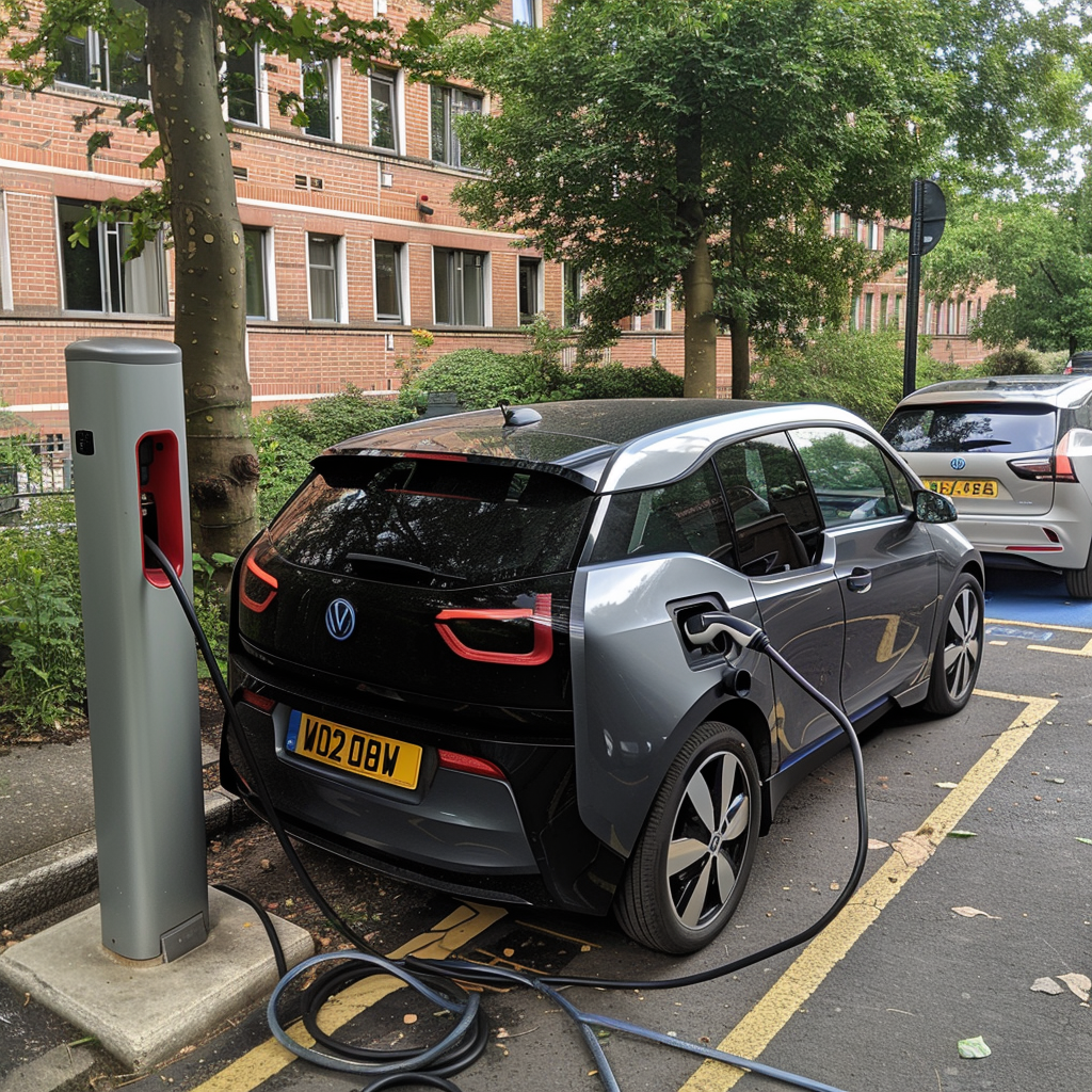 an electric car charging in a carpark in the uk