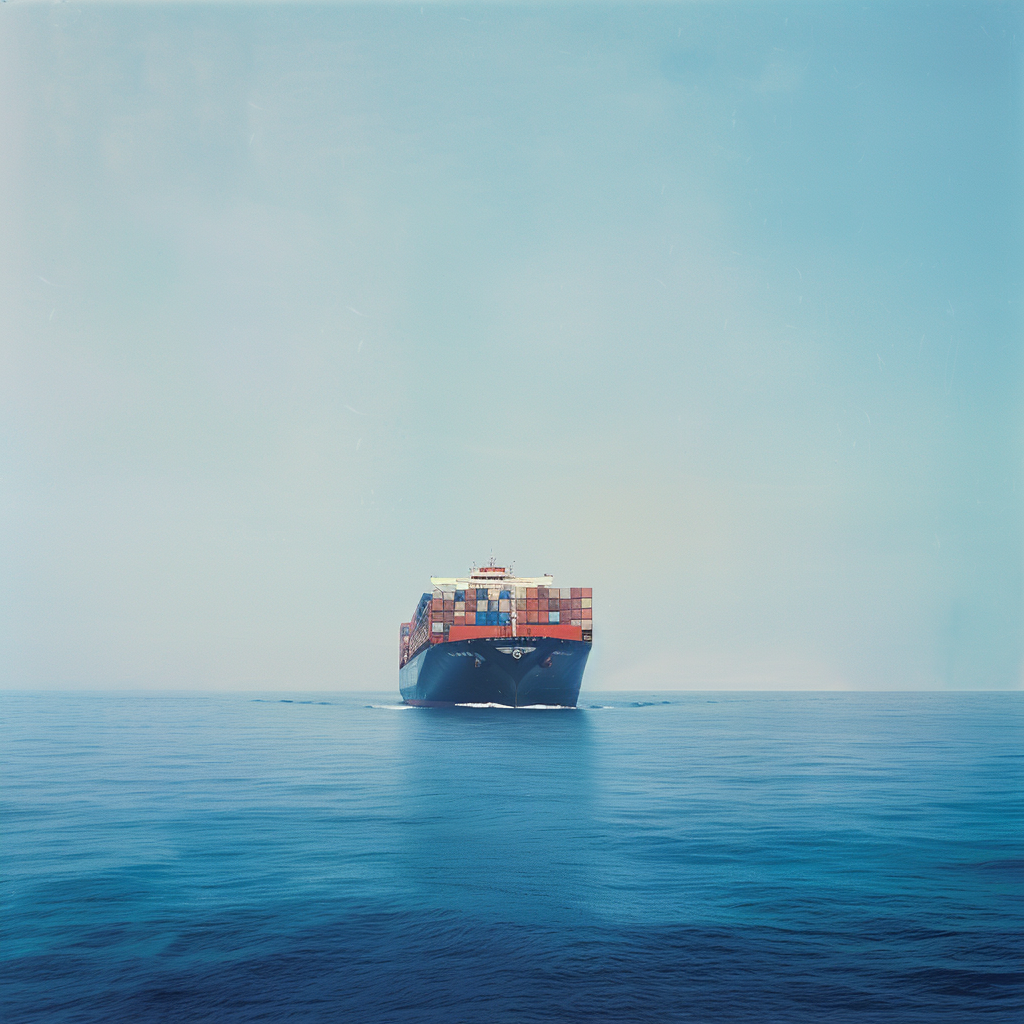 large container cargo ship travels over calm, blue ocean