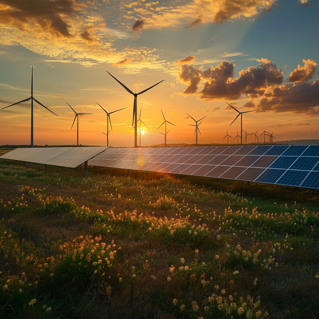 solar panel and wind turbines generating electricity