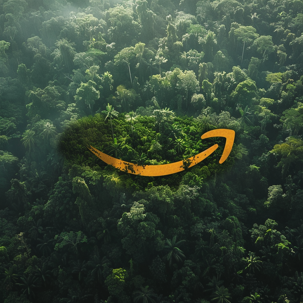 the amazon smile logo with a rainforest in the background