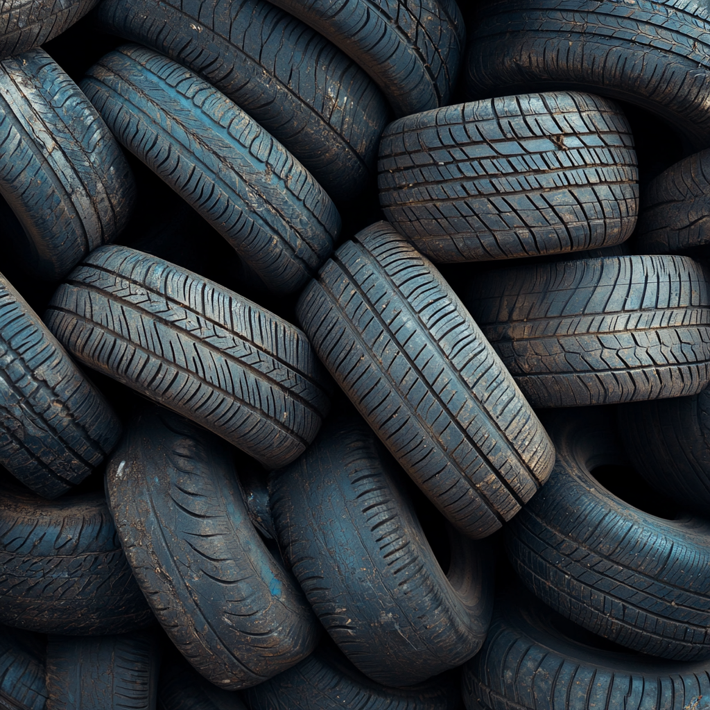 A large pile of used and worn-out tires stacked haphazardly