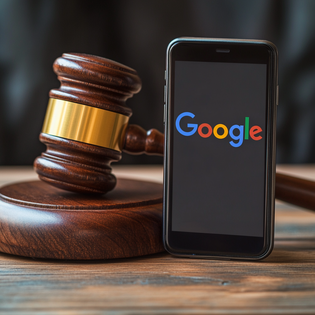 GOOGLE logo seen on the smartphone placed next to the judges gavel.