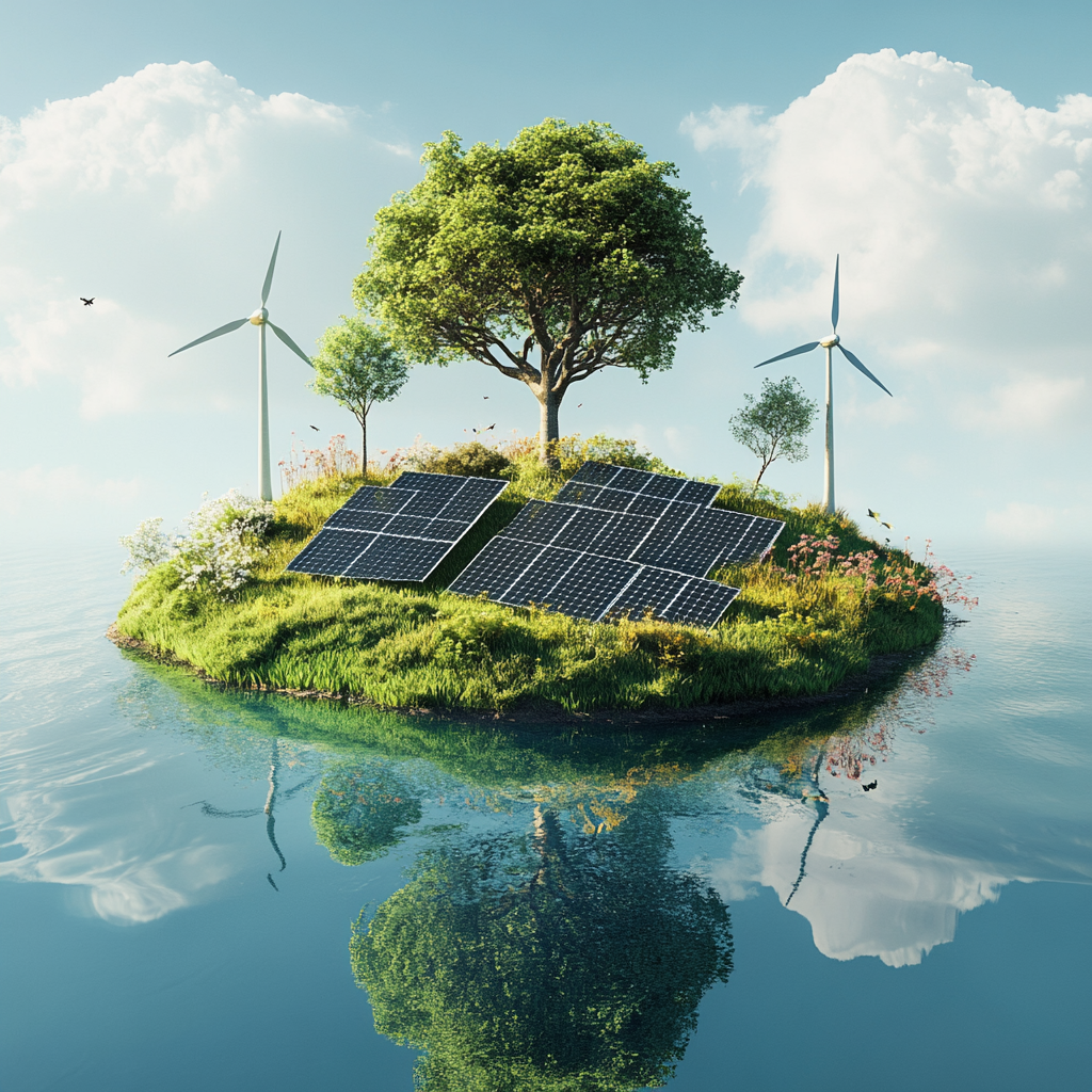 Illustration of solar panels and wind turbines on floating island