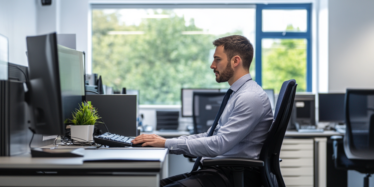 a man sat at a desk in a medium sized IT office in the uk