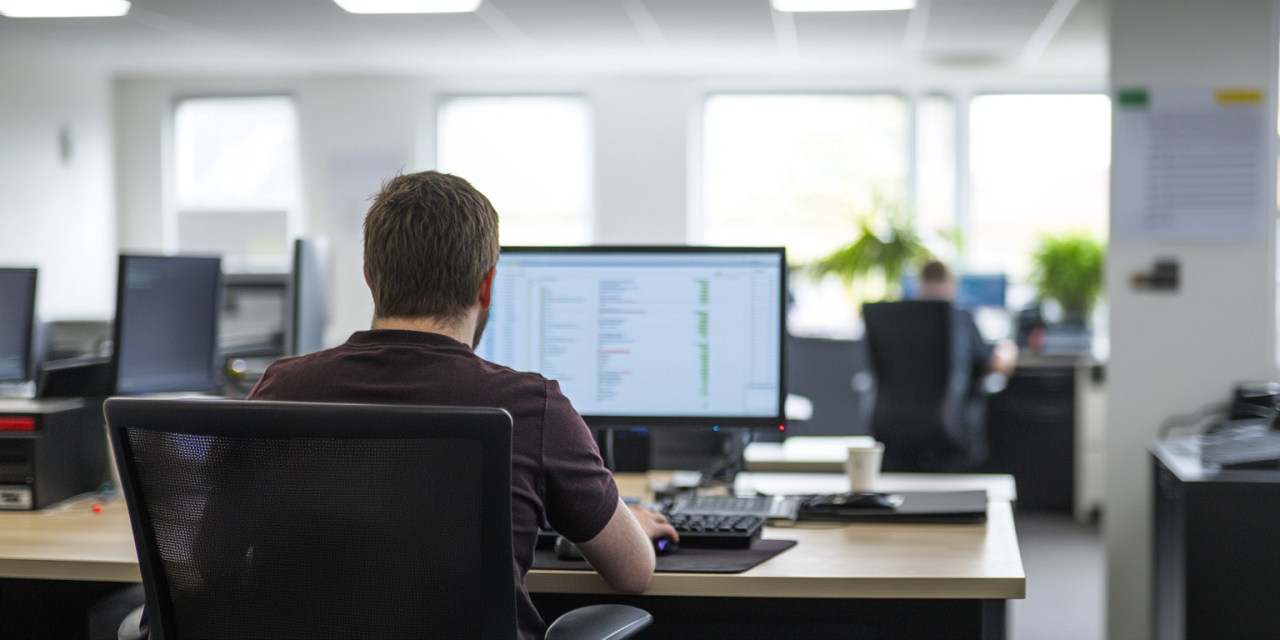 a person sat at a desk in a office for a medium sized IT business in the uk working on a computer