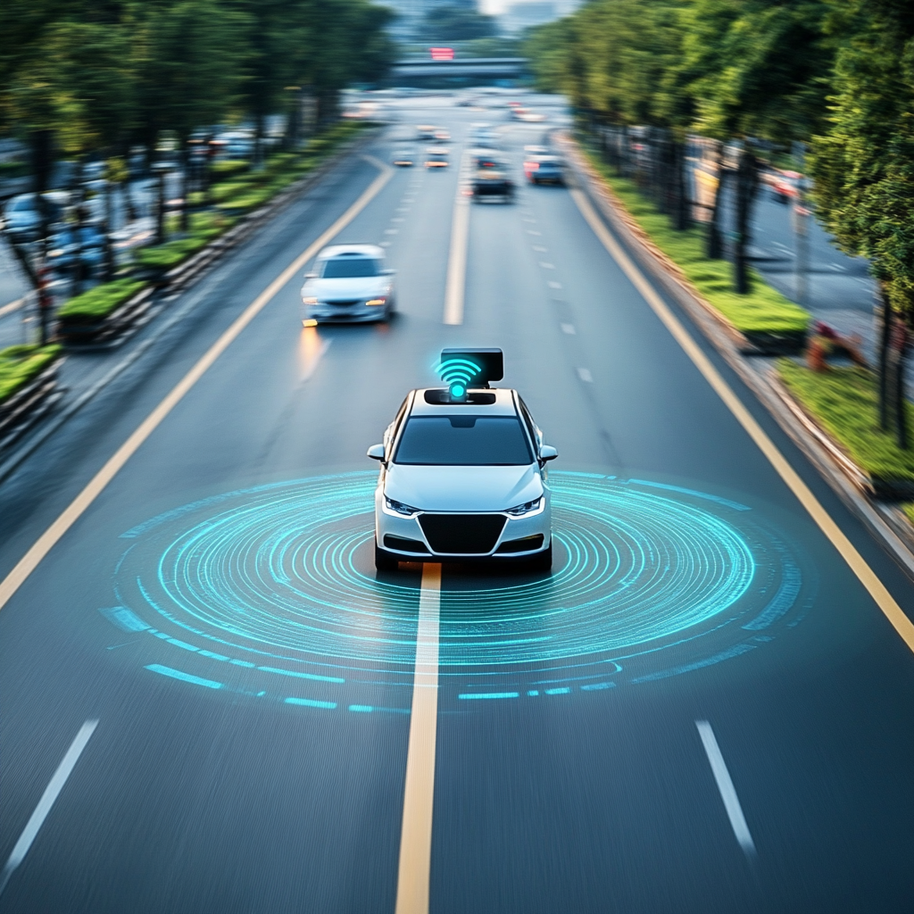 a self driving car driving on a uk road