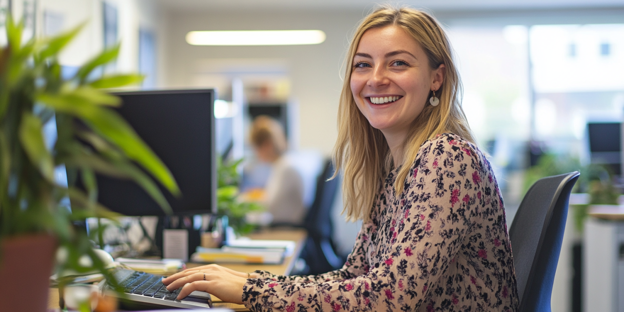 a women sat at a desk in a office for a medium sized business in the uk working on a computer smiling happy to be there