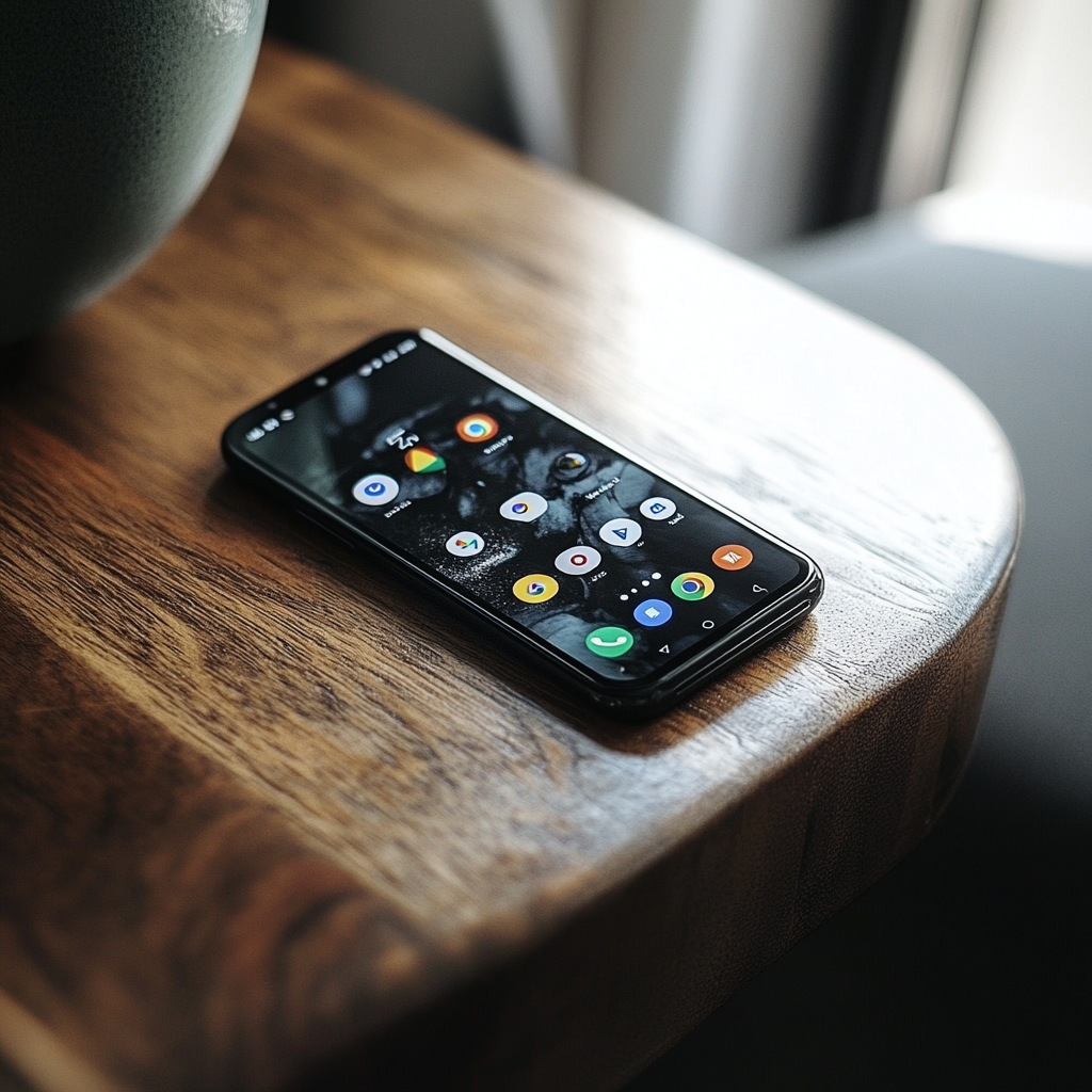 an android phone on a table face up with home screen showing