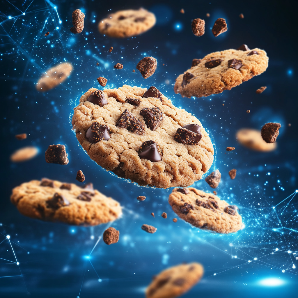 cookie policy alert on a blue data background cookies flying around