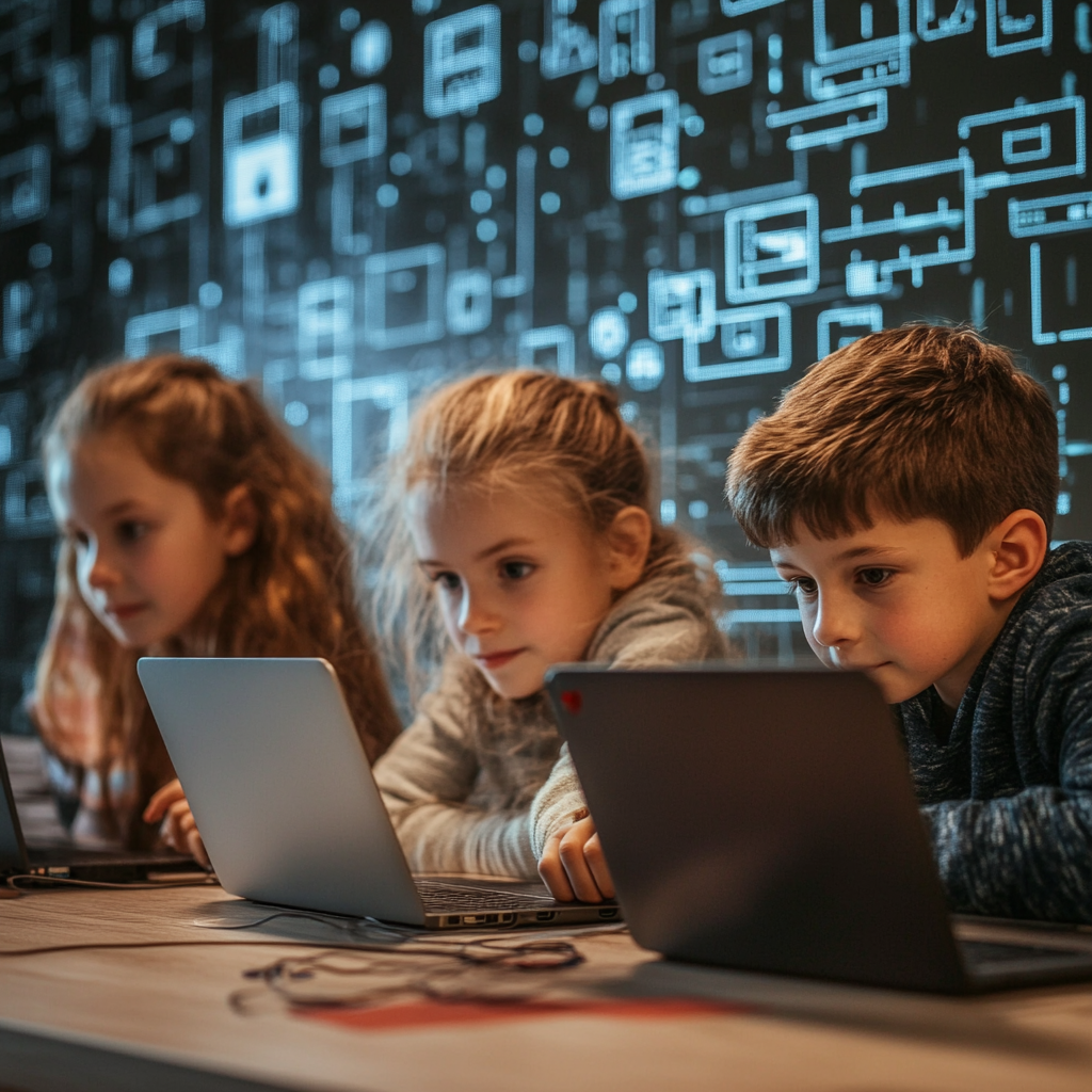 Students sat at a desk in school practicing cyber security