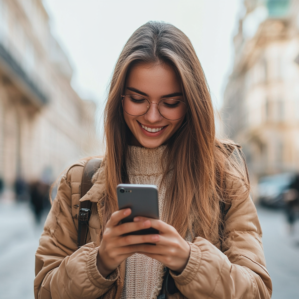 woman using iphone in a city