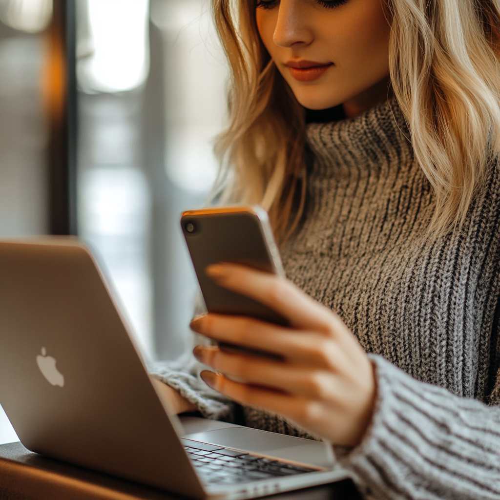 young woman using laptop and iphone