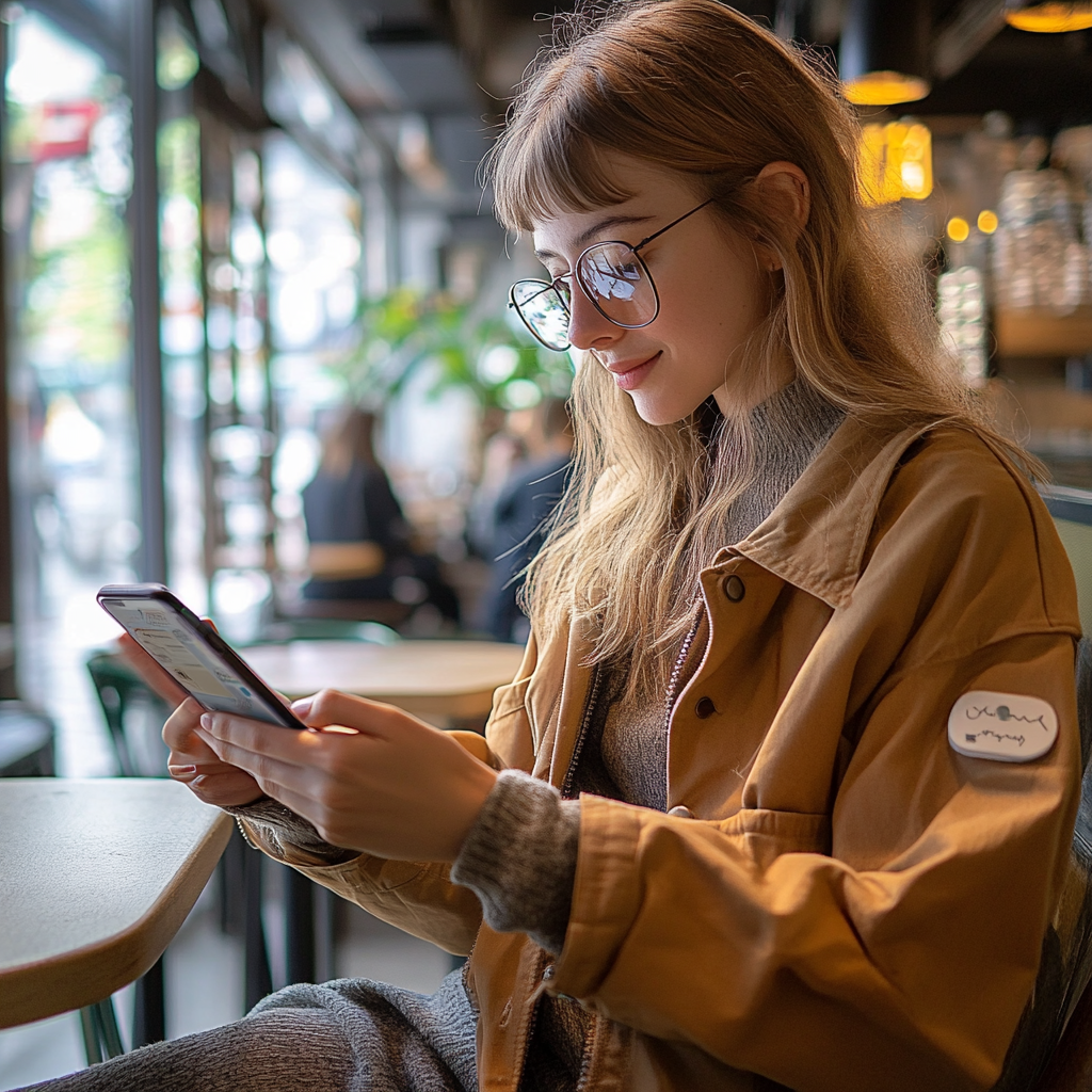 A female using X new twitter application on her iPhone14 while sitting in a coffee shop