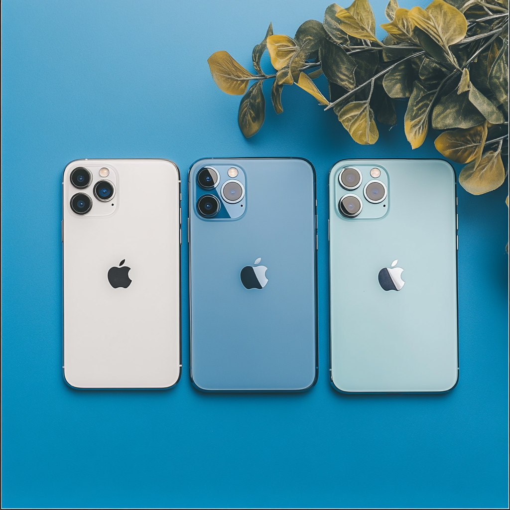 Apple iphones in frame with blue background