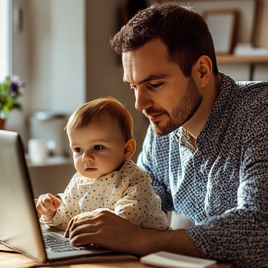 Father on maternity leave, holding an online conference, a meeting in the home office with a small child in his arms. Dad with a child. Freelancer combines child care and work.