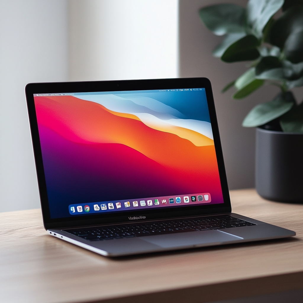 MacBook on a sleek wooden desk, an open screen showing the MacOS Sequoia