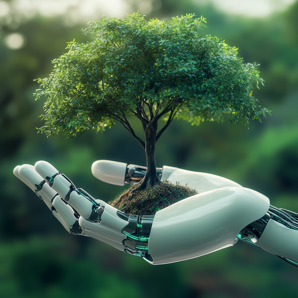 Robotic hand hold growing tree, growth of investment and environmental conservation using robots and AI