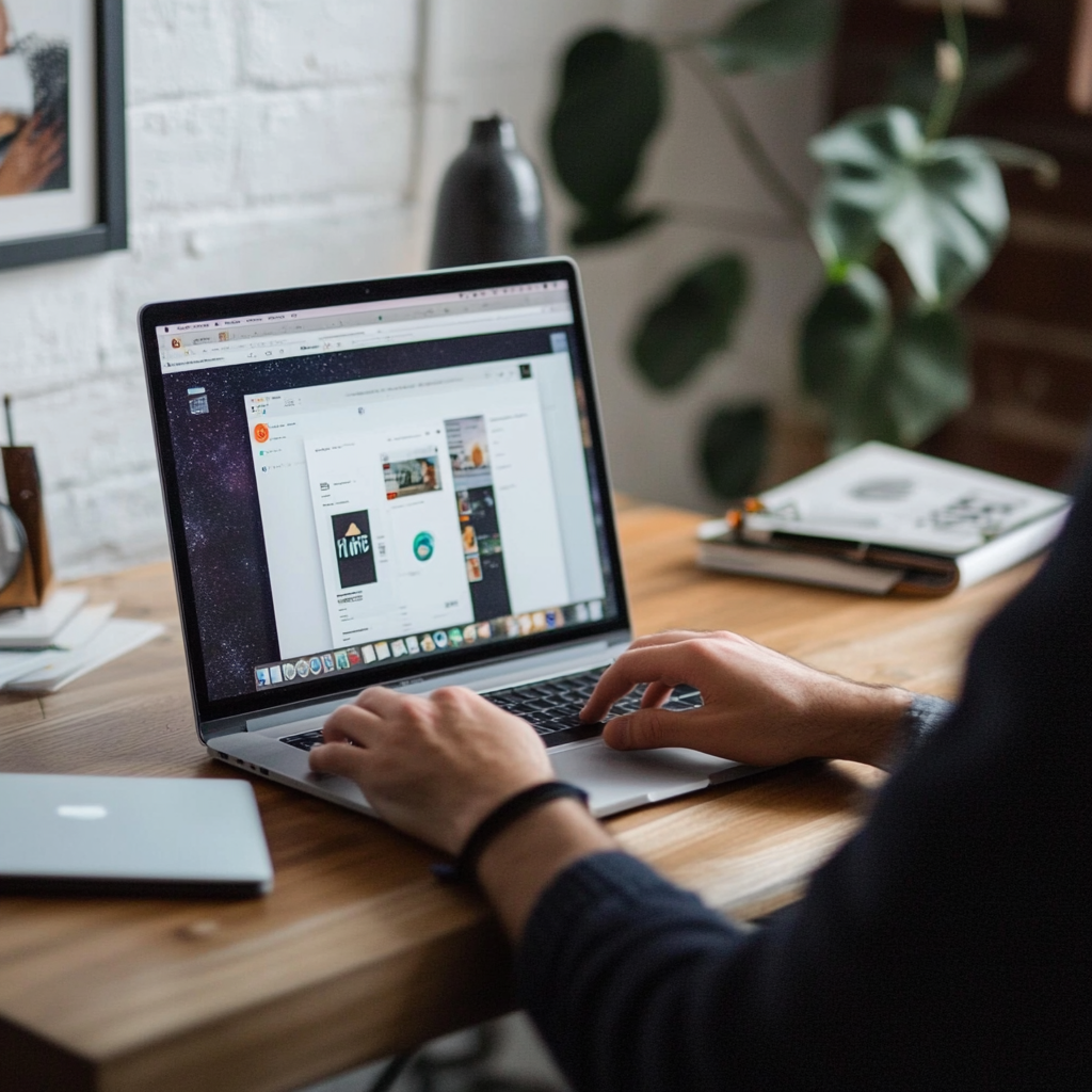 a person sat at a desk on their laptop using a graphic design tool