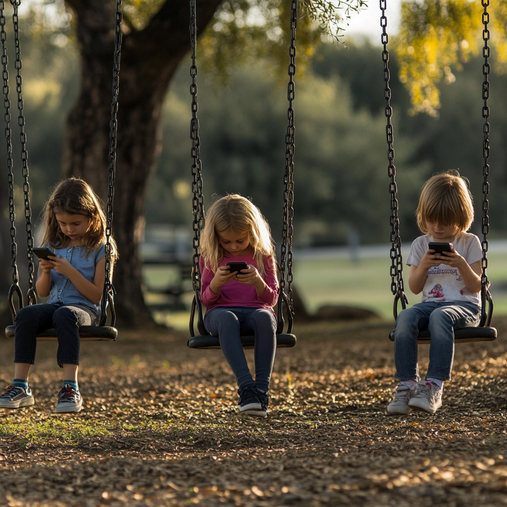 children in a park sat on swings looking at phones instead of playing