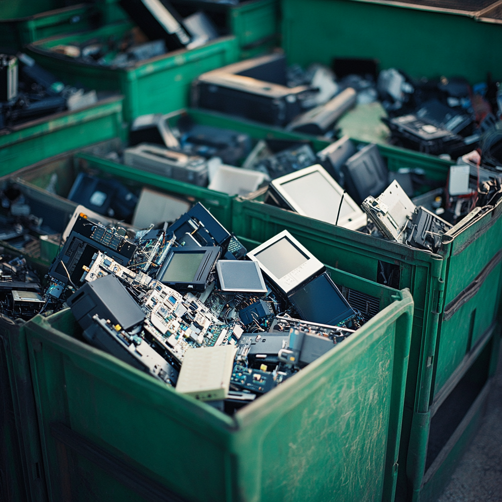 discarded electronic items in a recycling bin, sorting and recycling hazardous e-waste