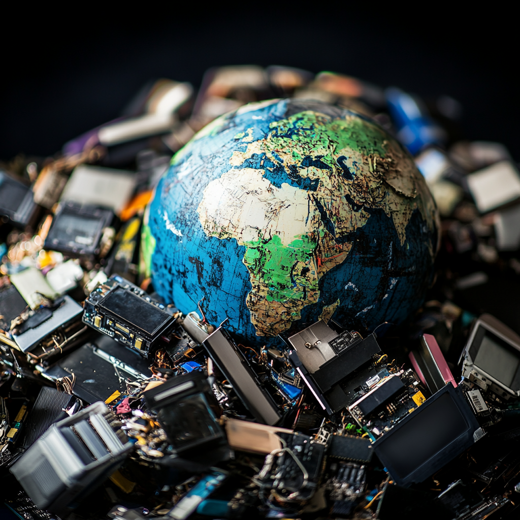 electronic devices surrounding the world globe. E waste and recycling concept