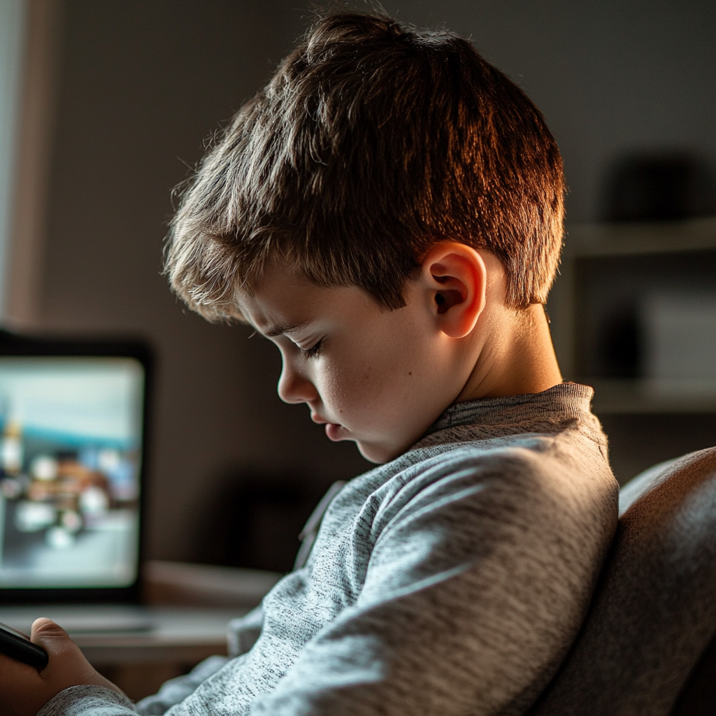 young boy suffering from neck muscle and shoulder pain,aching in spinal back,sitting and bending his back,poor posture,tilting his head down