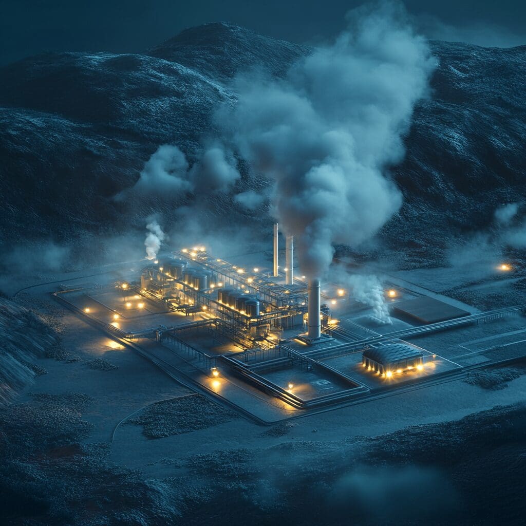 3D illustration of a geothermal power station at night