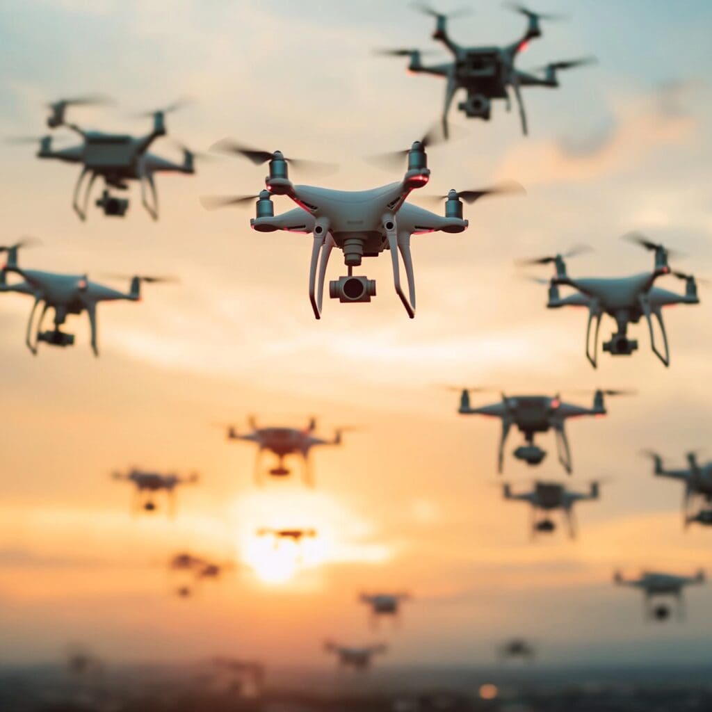 drones flying in formation against a sunset sky