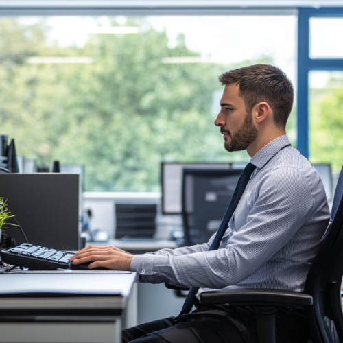 a man sat at a desk in a medium sized IT office in the uk